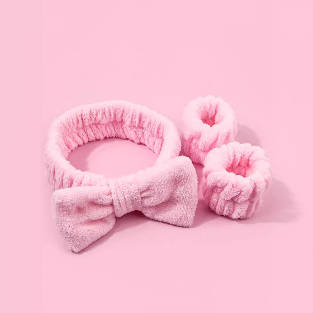Three-piece set of facial moisture-proof bow hair band, coral fleece absorbent hair band, wrist, ladies for washing, skin care and moisture-proofing details Picture