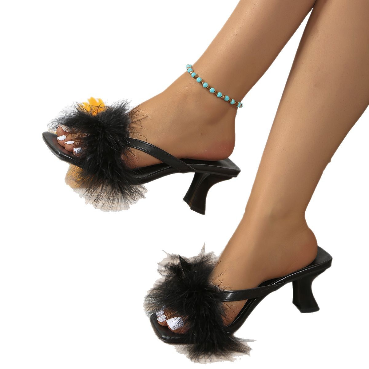 French-style high heels, furry slippers, women's shoes for outerwear, 2025 new summer fairy-style cool flip-flops and sandals, large size Item Picture
