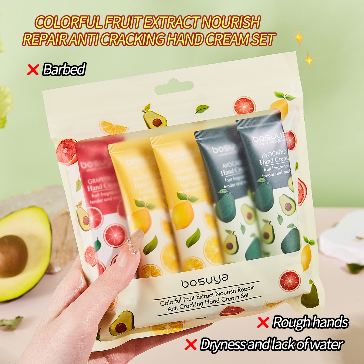 Cross-border exclusive bosuya New Scented Fruit Hand Cream Moisturizing and Nourishing 5-bottle hand cream bag set Specification drawing