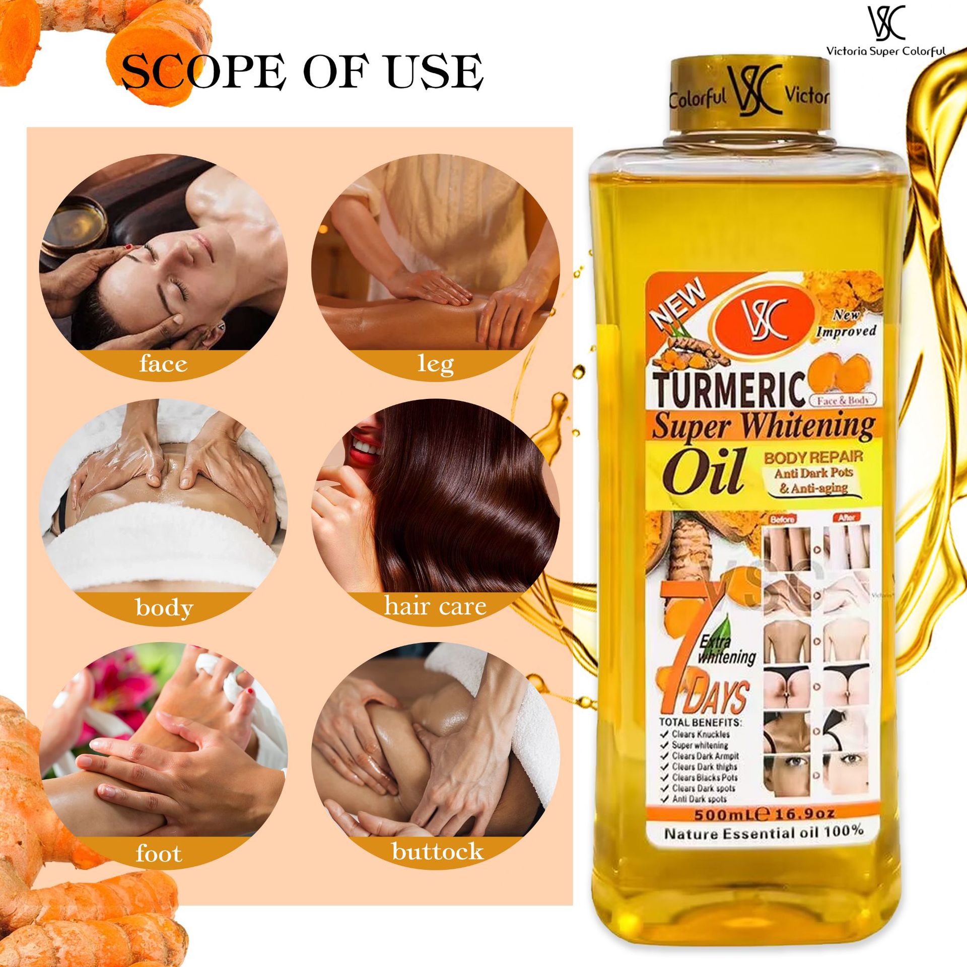 Cross-border bestseller Turmeric essential oil 500ml Almond body essential oil moisturizing massage SPA Facial massage brightening skin and removing dark spots Specification drawing
