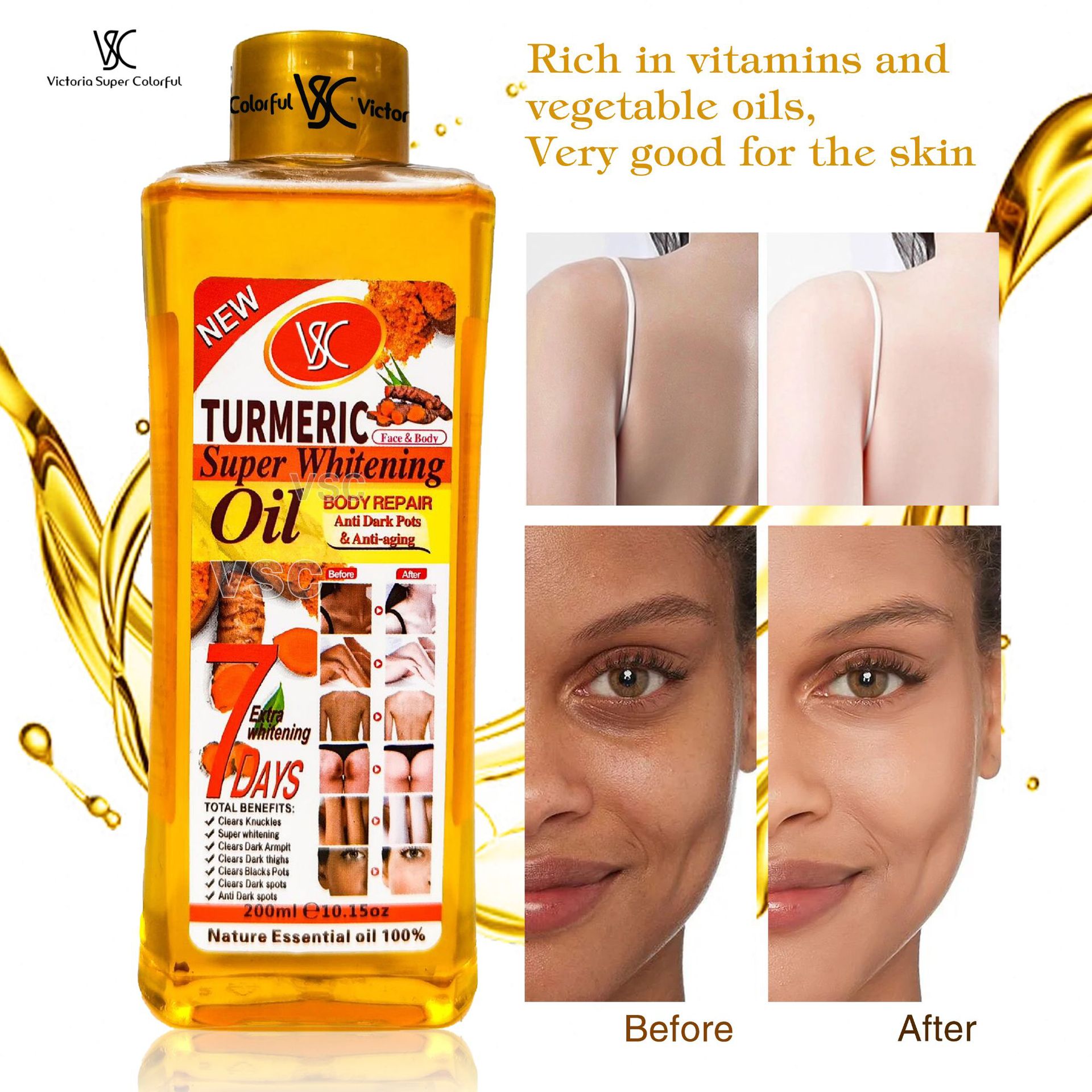 7-day Foreign trade Repair and Brightening VC Essential Oil Moisturizing and Unblocking Meridians Turmeric Essential Oil Full-body Massage Almond Massage Oil 200ml Specification drawing