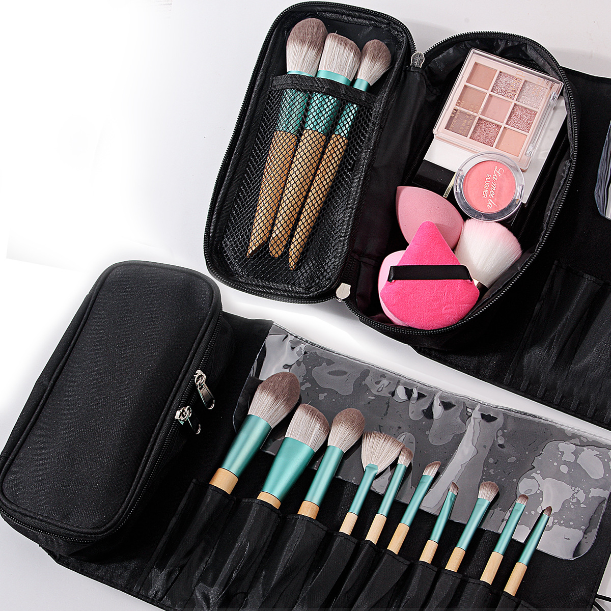 New in-stock makeup bag with 12-hole drawstring, multi-functional folding, professional beauty makeup storage bag details Picture