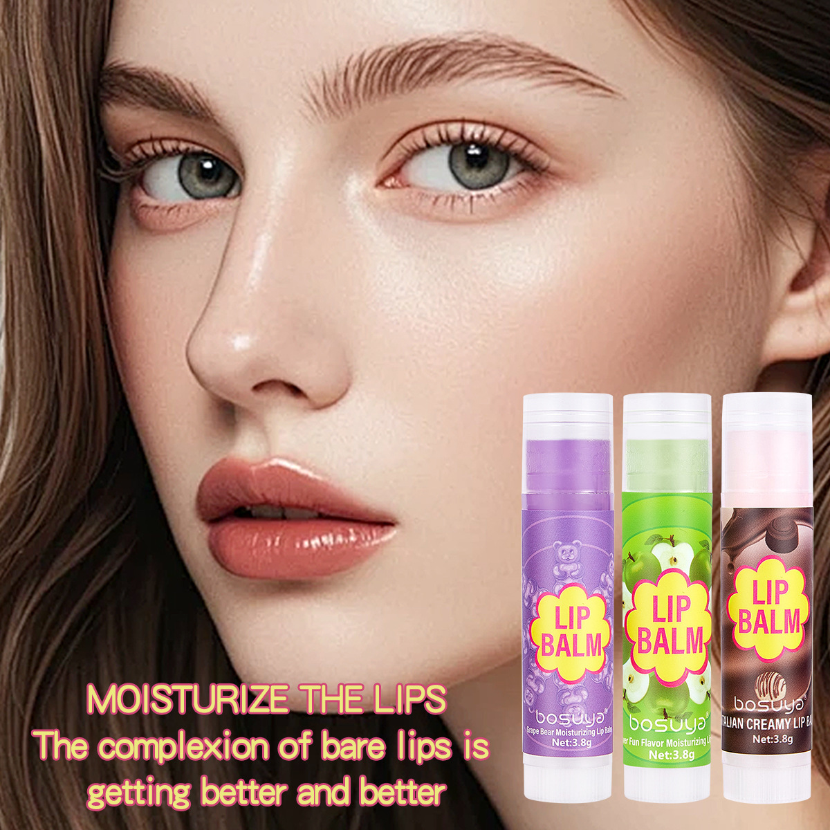 Cross-border exclusive Bosuya Lip Balm Set for Moisturizing, nourishing and reducing lip lines. English version lip balm set of 3 pieces Specification drawing