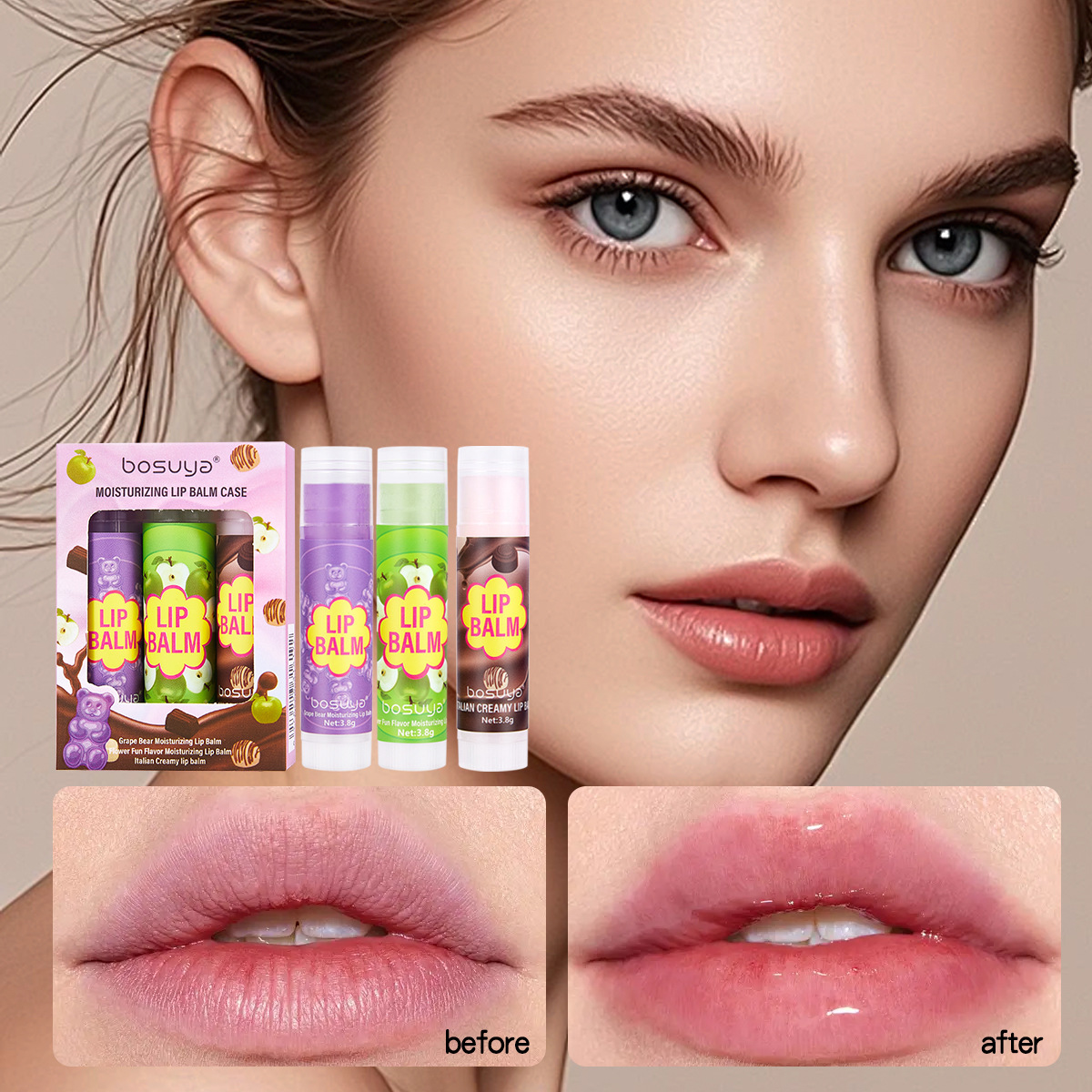 Cross-border exclusive Bosuya Lip Balm Set for Moisturizing, nourishing and reducing lip lines. English version lip balm set of 3 pieces full figure