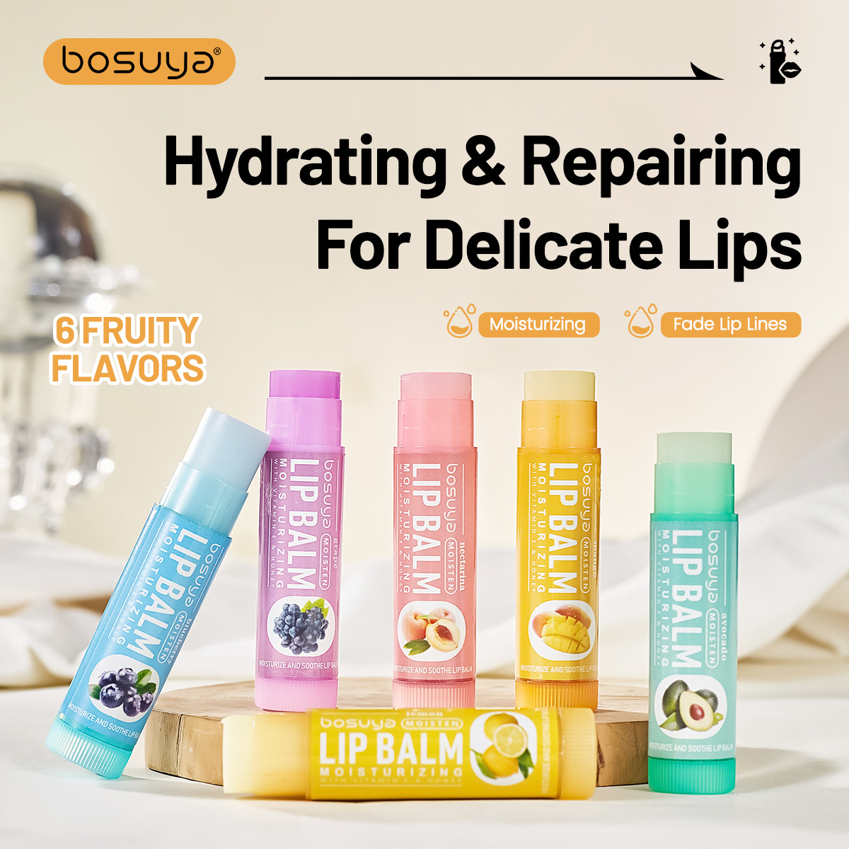 Bosuya Cross-border exclusive lip balm Set, 6-tube fruit-flavored lip balm set, temu bestseller Specification drawing