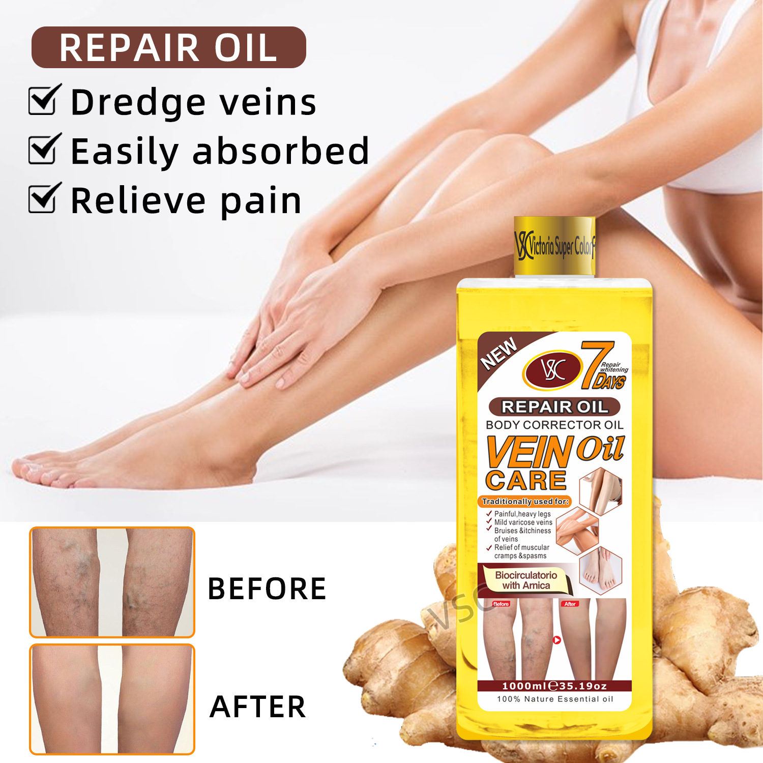 Cross-border foreign trade VSC Varicose Veins Oil, Calf protruding blue Veins Essential Oil, Heating Massage, Leg Soothing Massage Oil details Picture
