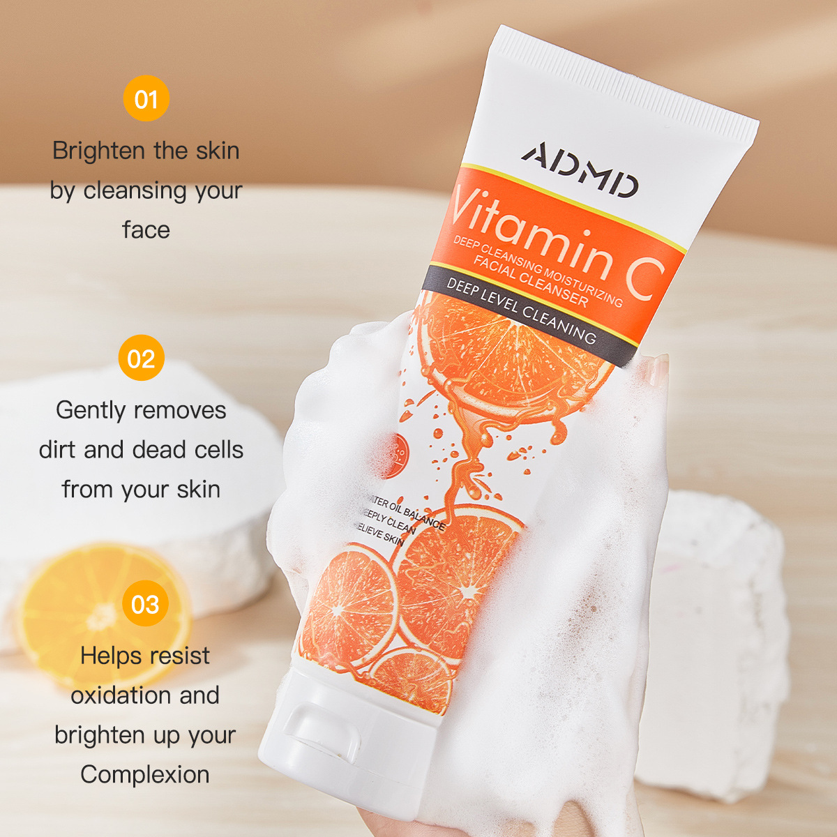 【 Cross-border Exclusive 】ADMD Vitamin C Facial Cleanser deeply cleanses, gently controls oil, shrinks pores, and is refreshing without greasiness Application Scenario