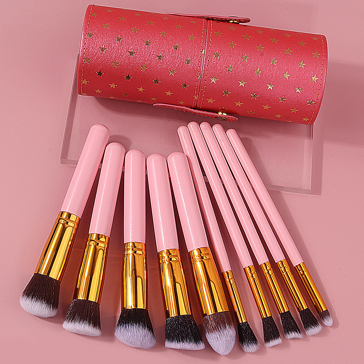 Cross-border stock of 10 cosmetic brushes in barrels, complete set of blush brushes, eyeshadow brushes, soft bristles, portable beauty tools for beginners full figure