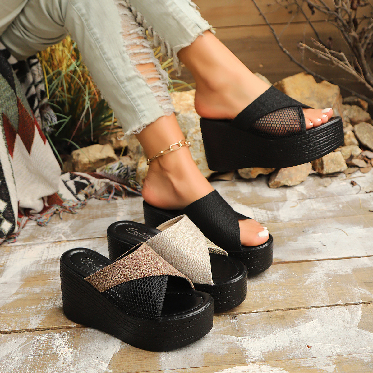 slippers2025 Summer export plus-size women's thick-soled sandals temu wedge heel simple summer women's shoes Specification drawing