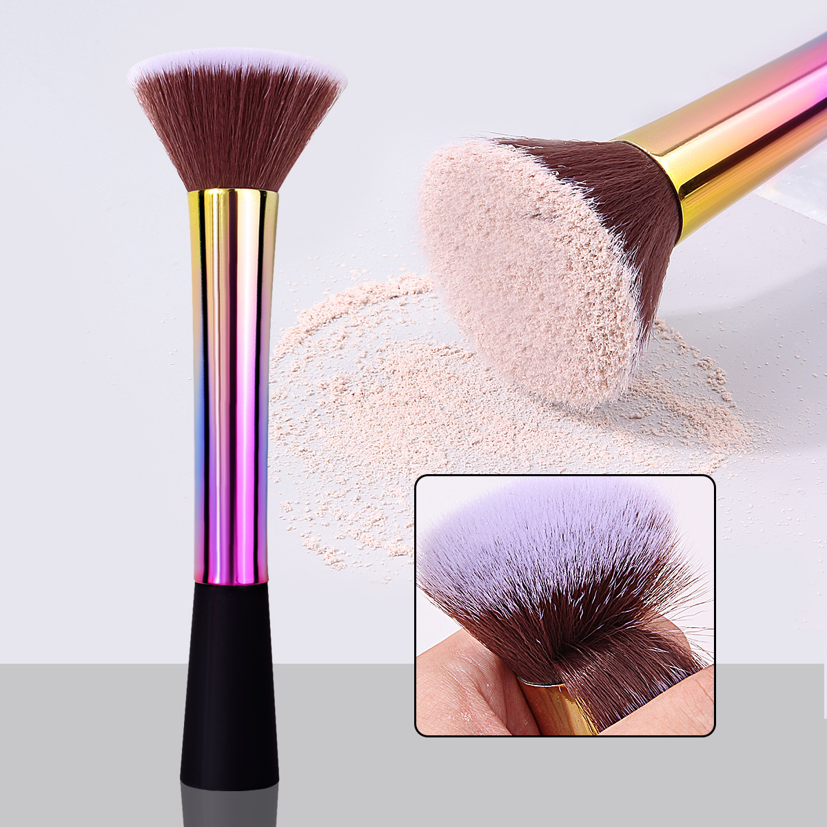 High-quality in-stock, colorful gradient flat-head setting brush, blush brush, no powder intake, easy to apply, portable loose powder makeup brush full figure