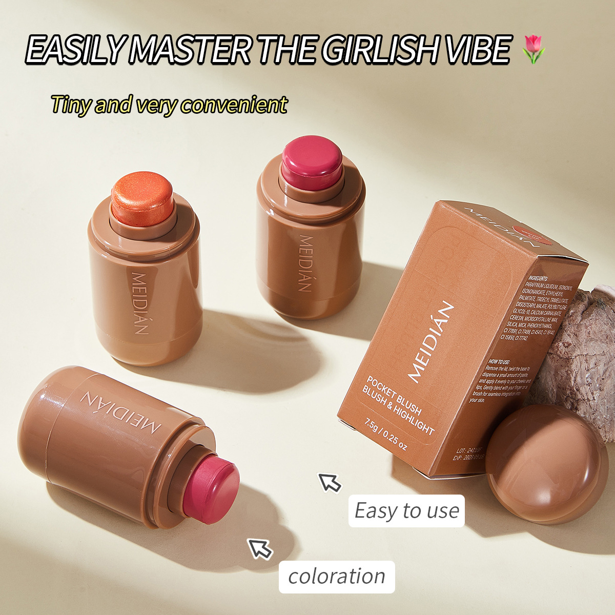 【 Cross-border Exclusive 】Meidian Blush Stick: Natural Nude Makeup, Contouring, brightening and Radiant Blush details Picture