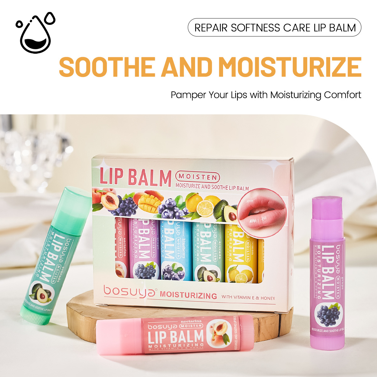 Bosuya Fruit-flavored Lip balm Set for moisturizing lips, cross-border exclusive supply, Best-selling lip balm factory wholesale details Picture