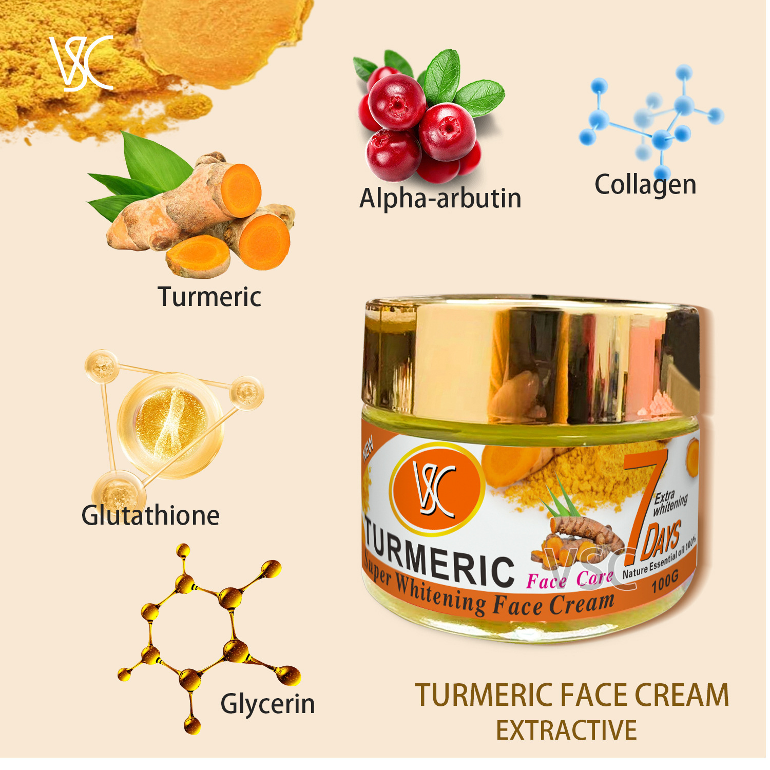 All-english turmeric face cream 100g Brightens skin tone, moisturizes and nourishes the face cream Specification drawing