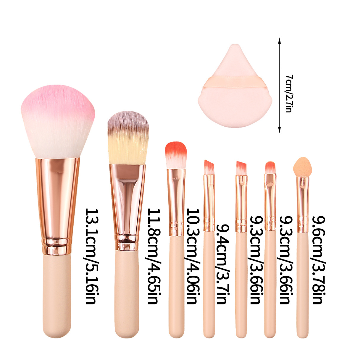 Beginner's 7-piece mini makeup brush set: Foundation, blush, eyeshadow brush, triangular powder puff, portable makeup tools Application Scenario
