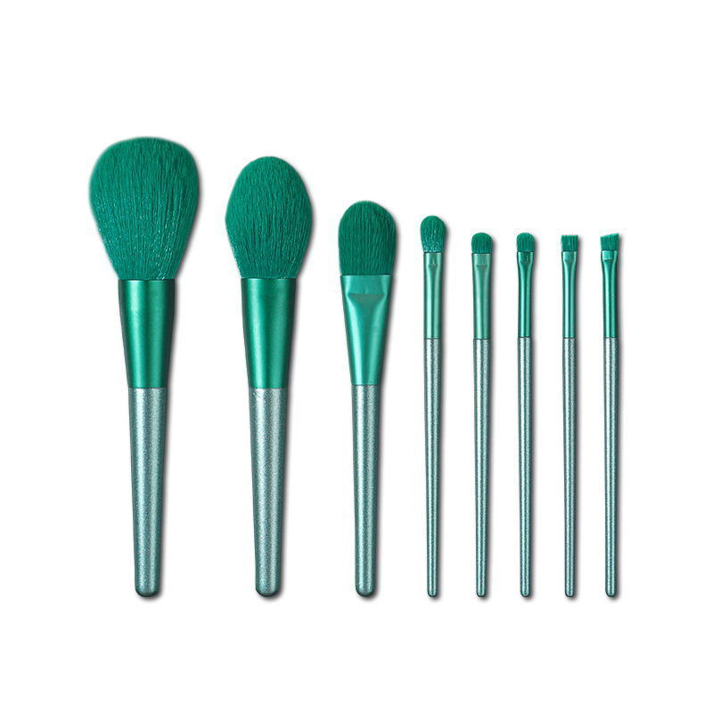 Portable 8-piece green makeup brush set, complete set of detail eyeshadow brushes, setting flame powder powder, aluminum tube angled eyebrows Item Picture