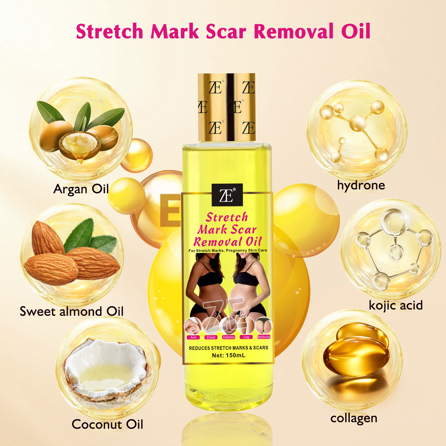 Cross-border Body Oil Stretch Mark Oil for Pregnant Women to Repair, firm and moisturize, and to fade Fine lines. Massage Essential Oil 150m Application Scenario