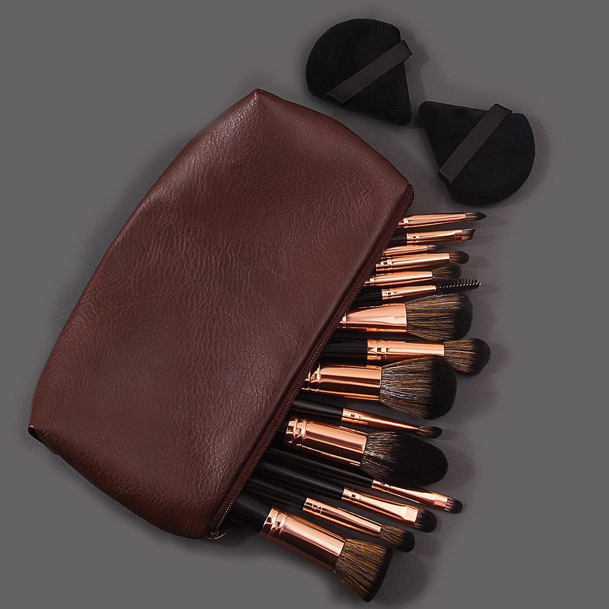 15 makeup brushes set, dark brown leather makeup bag, triangular powder puff, high-end beauty tools in full stock Specification drawing
