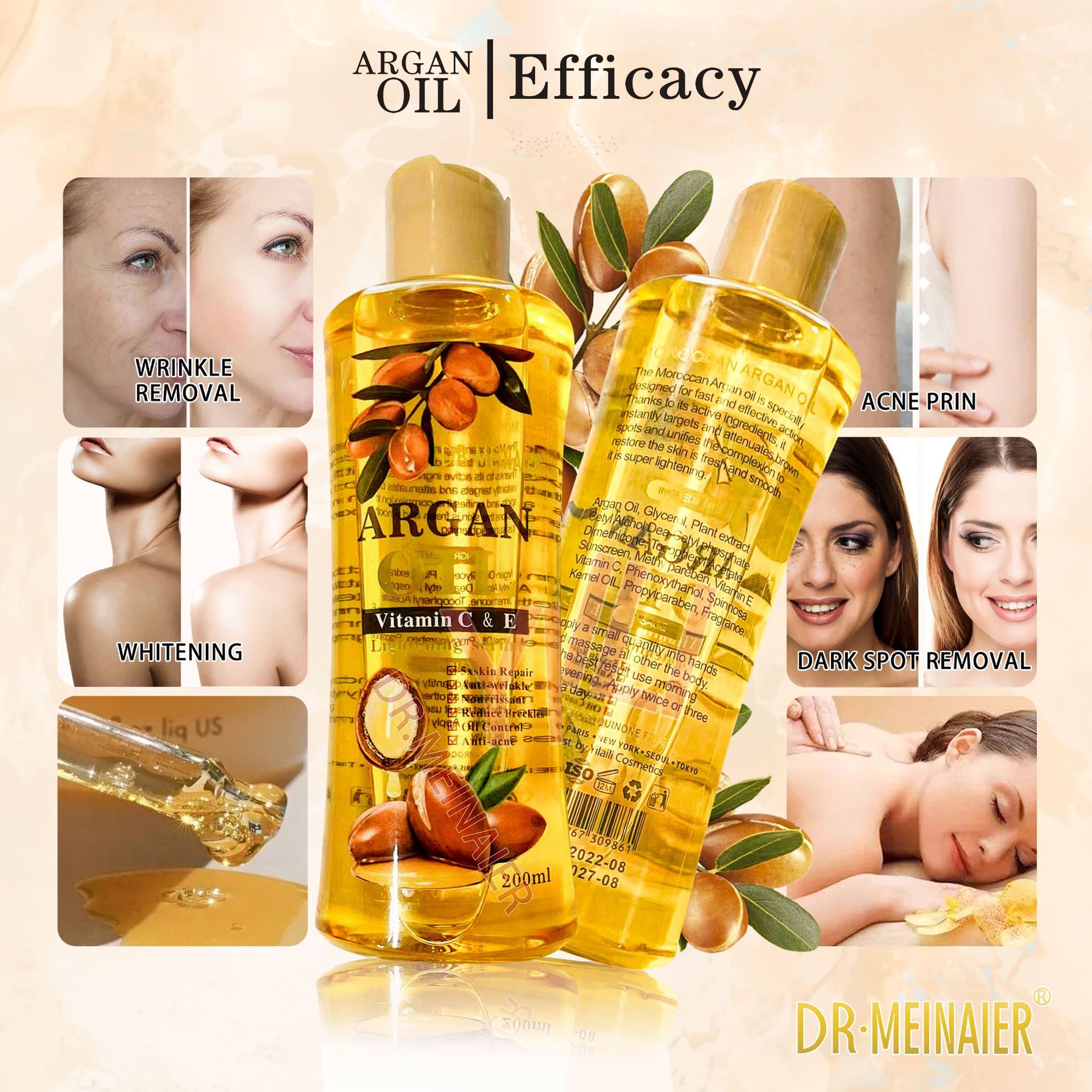 Cross-border Moroccan Argin Facial and Body Moisturizing Skin Care Massage Oil Softening Hair Care Plant Oil Batch 200ml details Picture