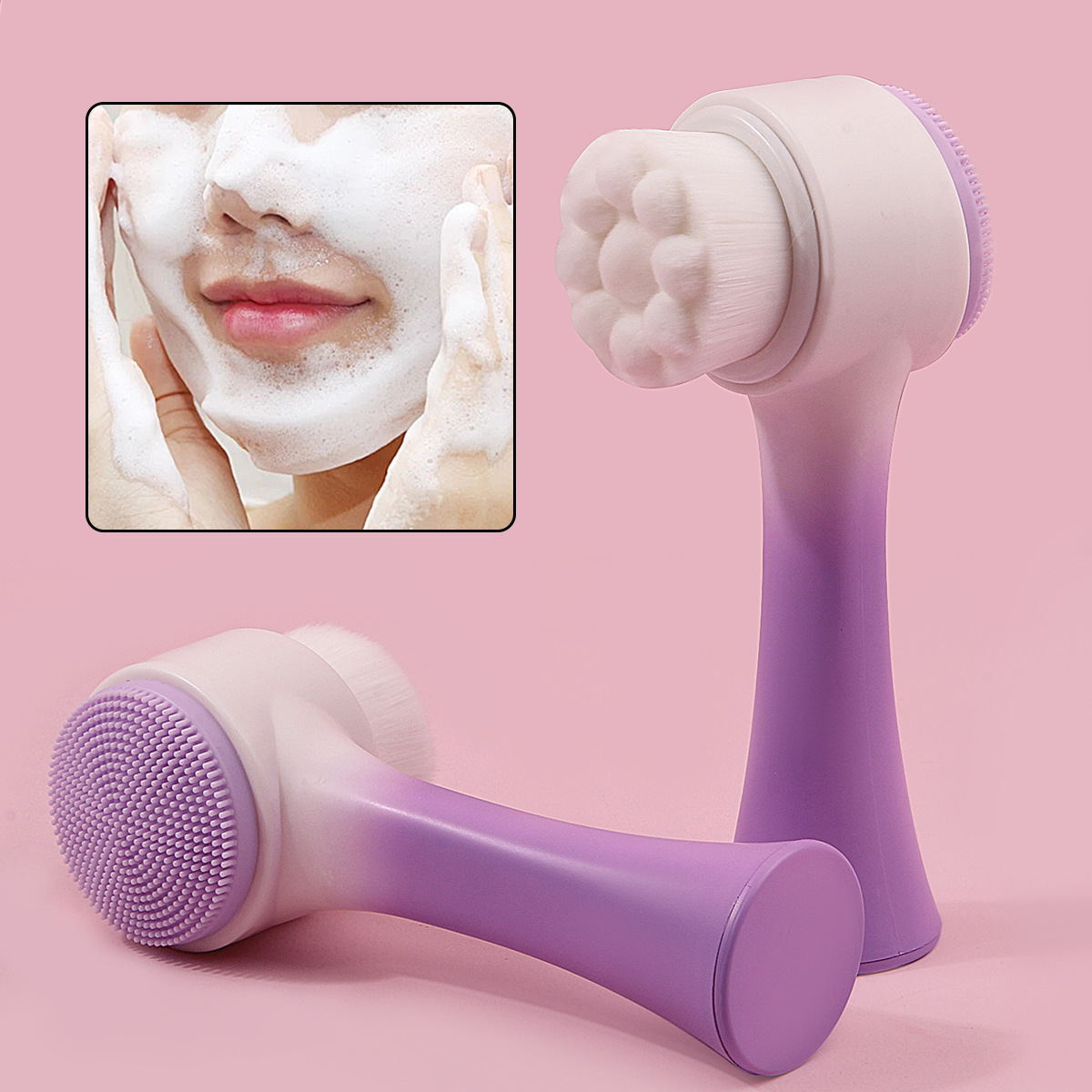 3D gradient double-sided facial cleansing brush, soft bristle silicone brush, facial cleansing brush, pore-cleaning wonder, quick blackhead removal makeup brush details Picture