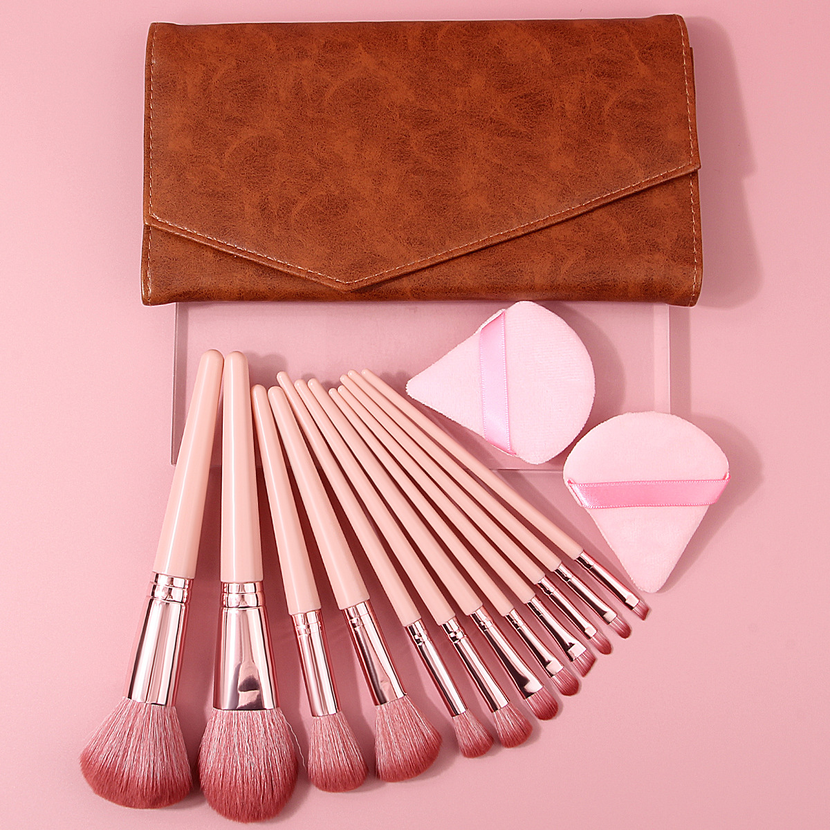 Hot-selling 12-piece makeup brush set for beginners: eyeshadow brush, blush brush, highlight brush, flocking triangular powder puff with brush bag full figure