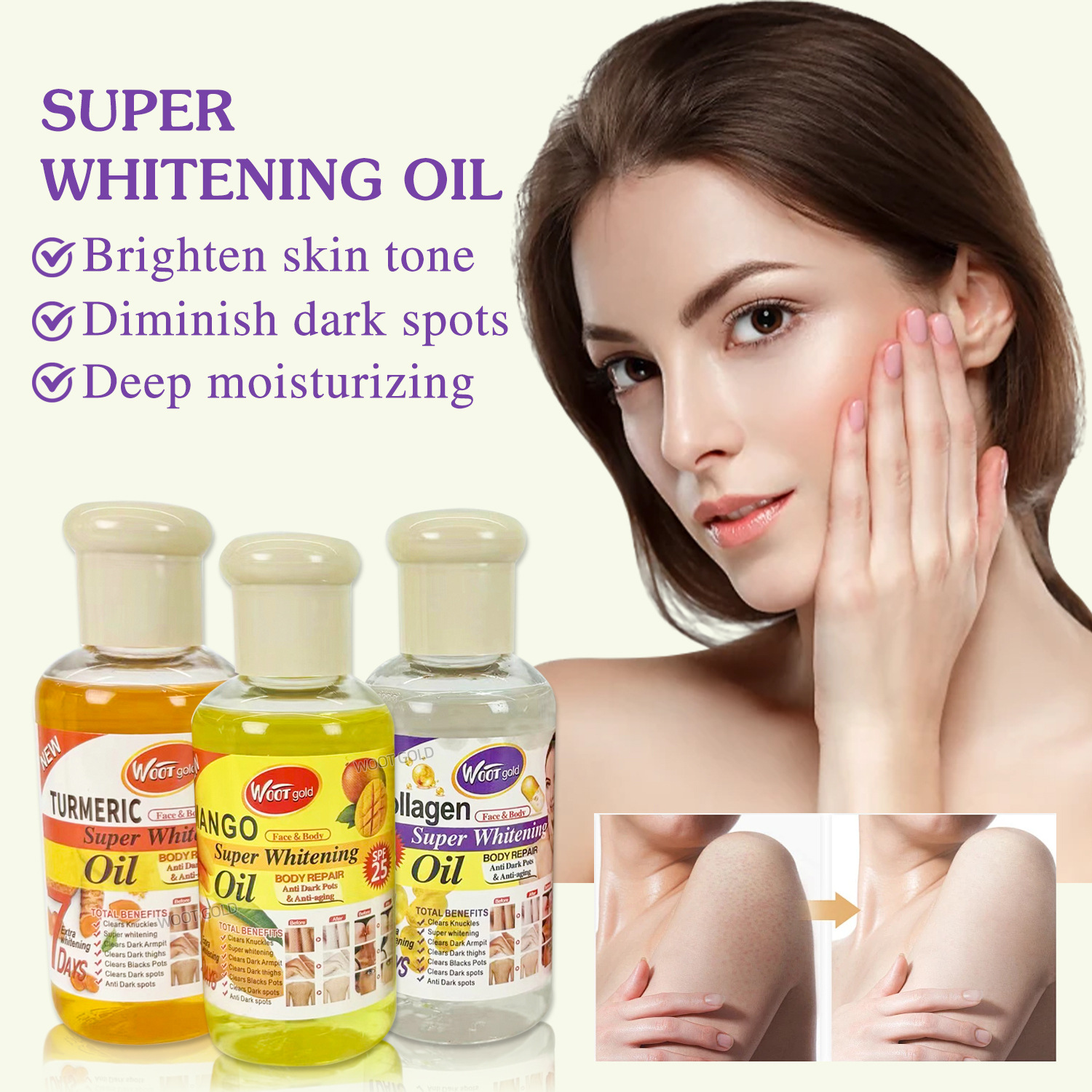 Cross-border exclusive turmeric essential oil, Collagen, Vitamin E, plant Oil, facial and body hair care Massage Oil 75ml Specification drawing