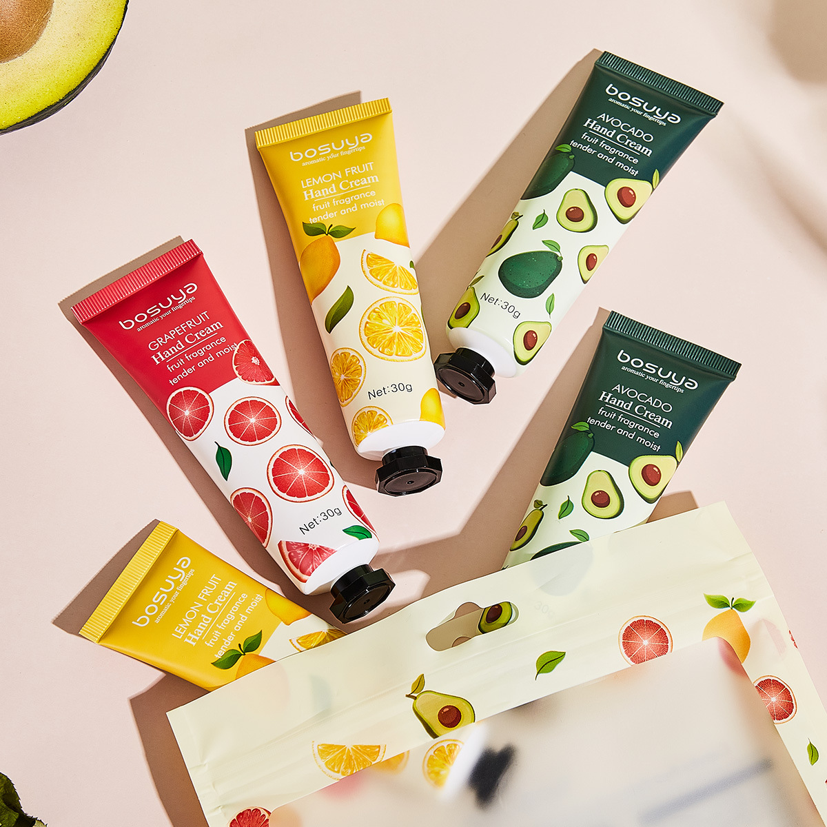 Cross-border exclusive bosuya New Scented Fruit Hand Cream Moisturizing and Nourishing 5-bottle hand cream bag set details Picture