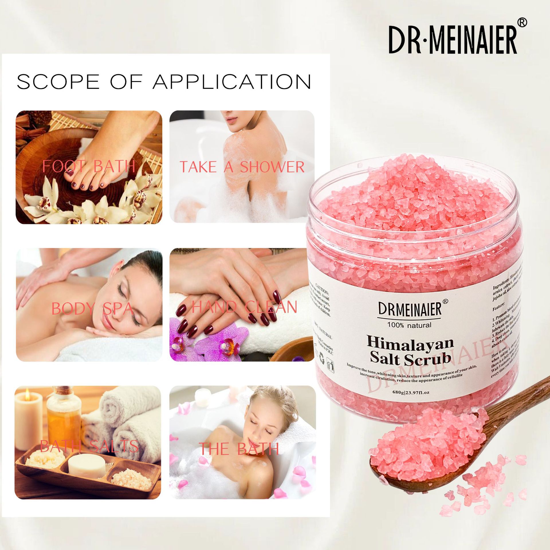 Cross-border foreign trade scrub crystal salt, scented bath, coarse salt, exfoliating and chicken skin removal, sea salt, bath salt, 680g Application Scenario