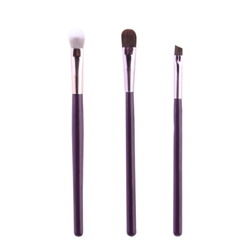 A set of 3 purple wooden-handled eye makeup brushes, including a soft-bristled eyeshadow brush, a smudging brush, a portable lip brush, and a "sleepy eye" refreshing style Item Picture