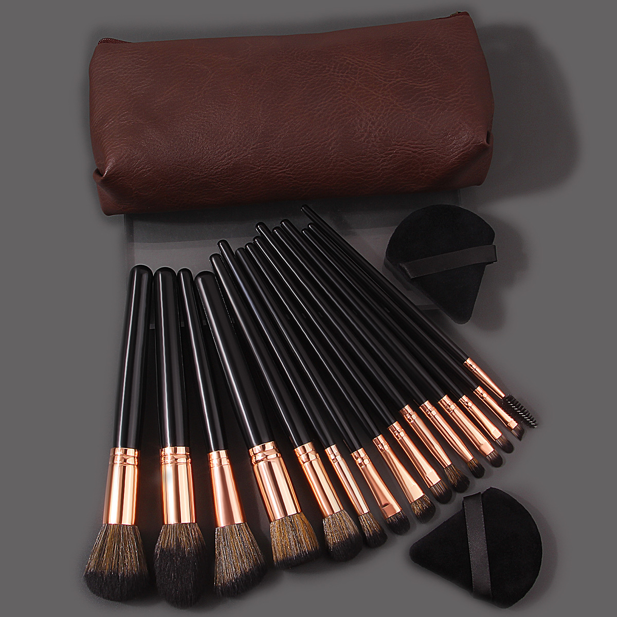 15 makeup brushes set, dark brown leather makeup bag, triangular powder puff, high-end beauty tools in full stock details Picture