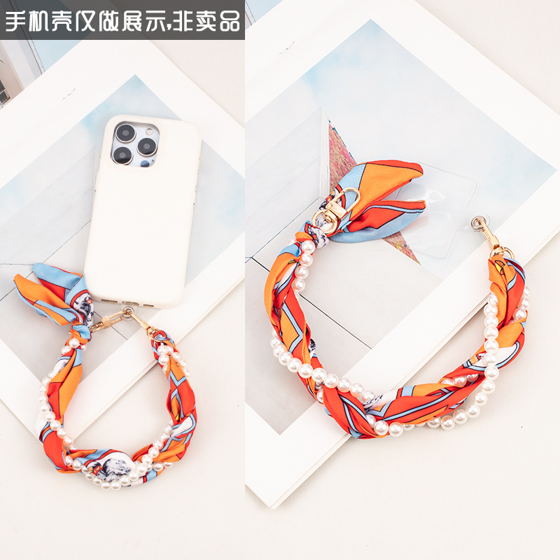 机链网红短款绳子手機掛繩创意ins风珍珠手机挂绳双扣编织丝巾 橙色