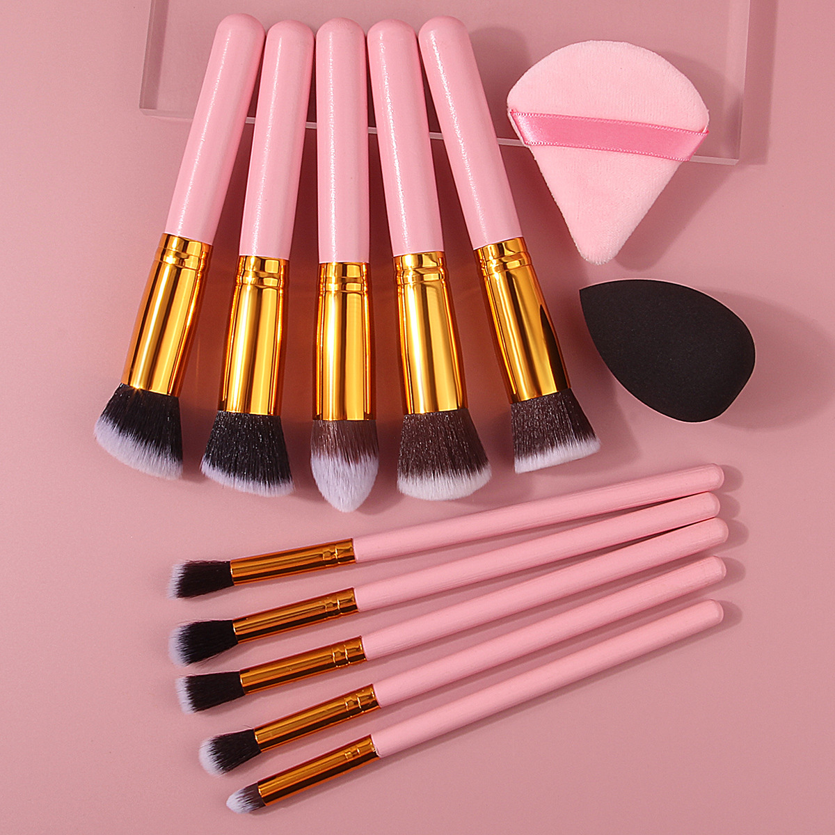 Pink 10-piece wooden-handled makeup brush set, foundation blush brush, triangular powder puff, beauty egg, beginner's beauty tools full figure