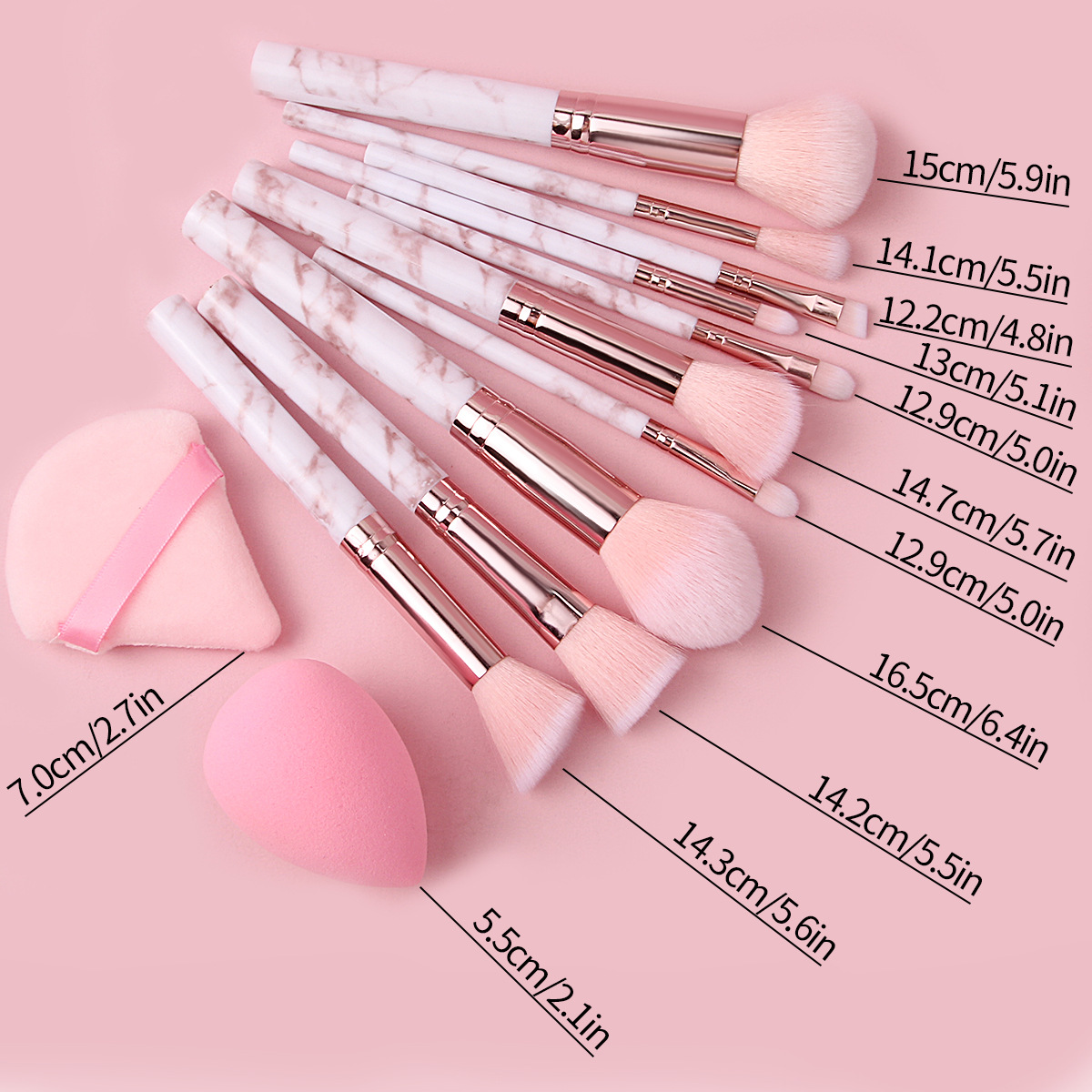 Cross-border best-selling 10-piece set of marble-textured makeup brushes, loose powder brushes and blush brushes, factory direct sales of beauty tools Item Picture