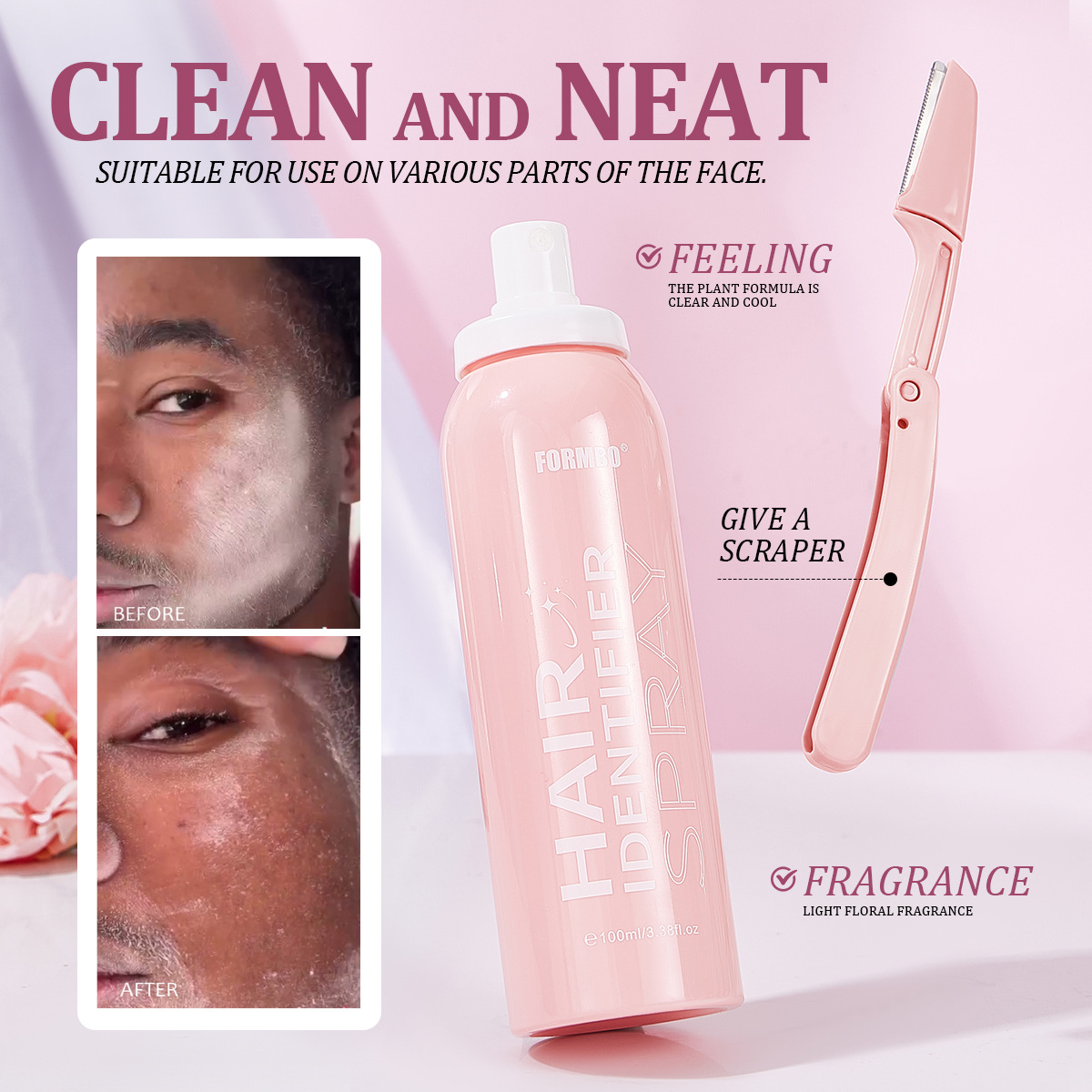 【 Cross-border Exclusive 】FORMBO Facial Hair Recognition Spray with Hair Removal Knife for skin cleansing, gentle hair removal Specification drawing
