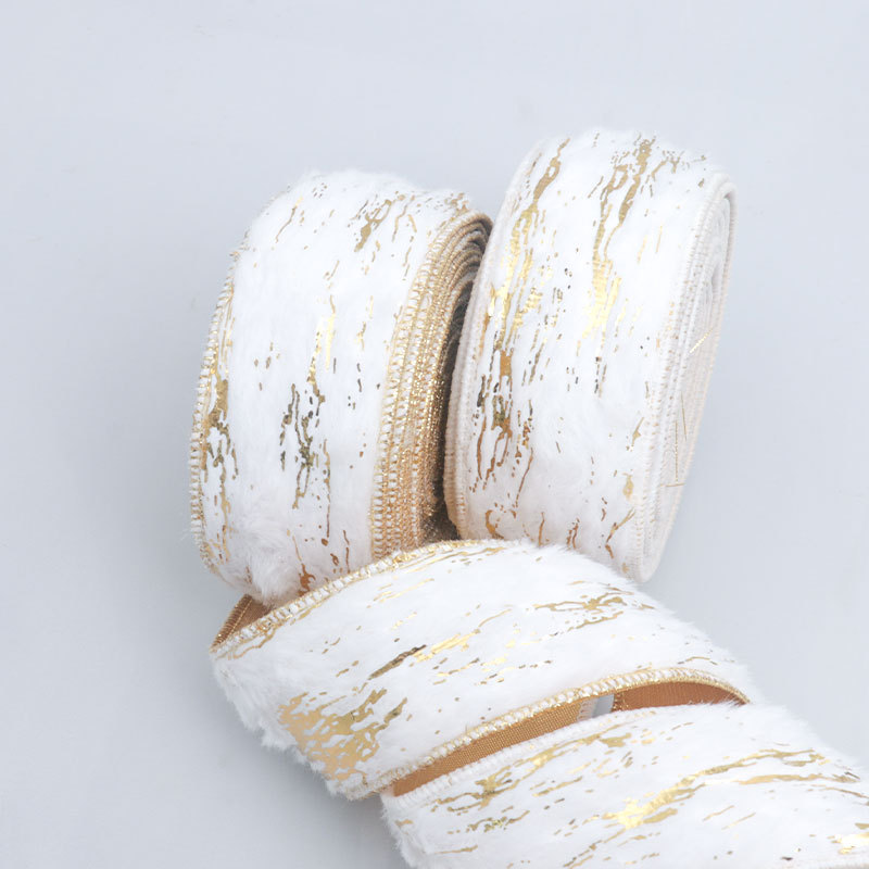 彩达织带 厂家白色烫金毛绒带金底织带蝴蝶结鲜花手工DIY 圣诞派对彩带装饰丝带