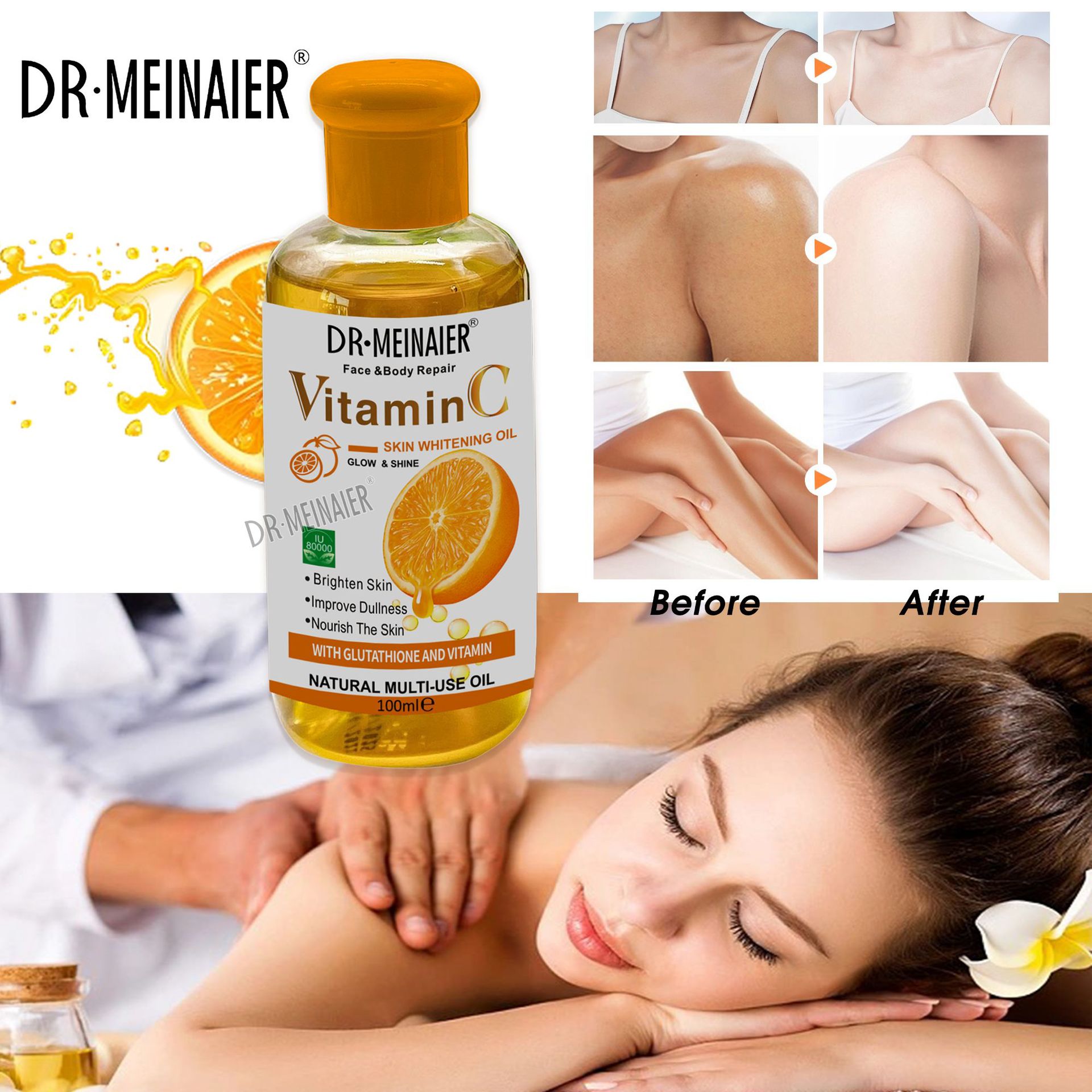 Cross-border Fresh Orange VC essential Oil Moisturizes the face and body, brightening the skin, hydrating and darkening massage oil, Vitamin C100ml details Picture