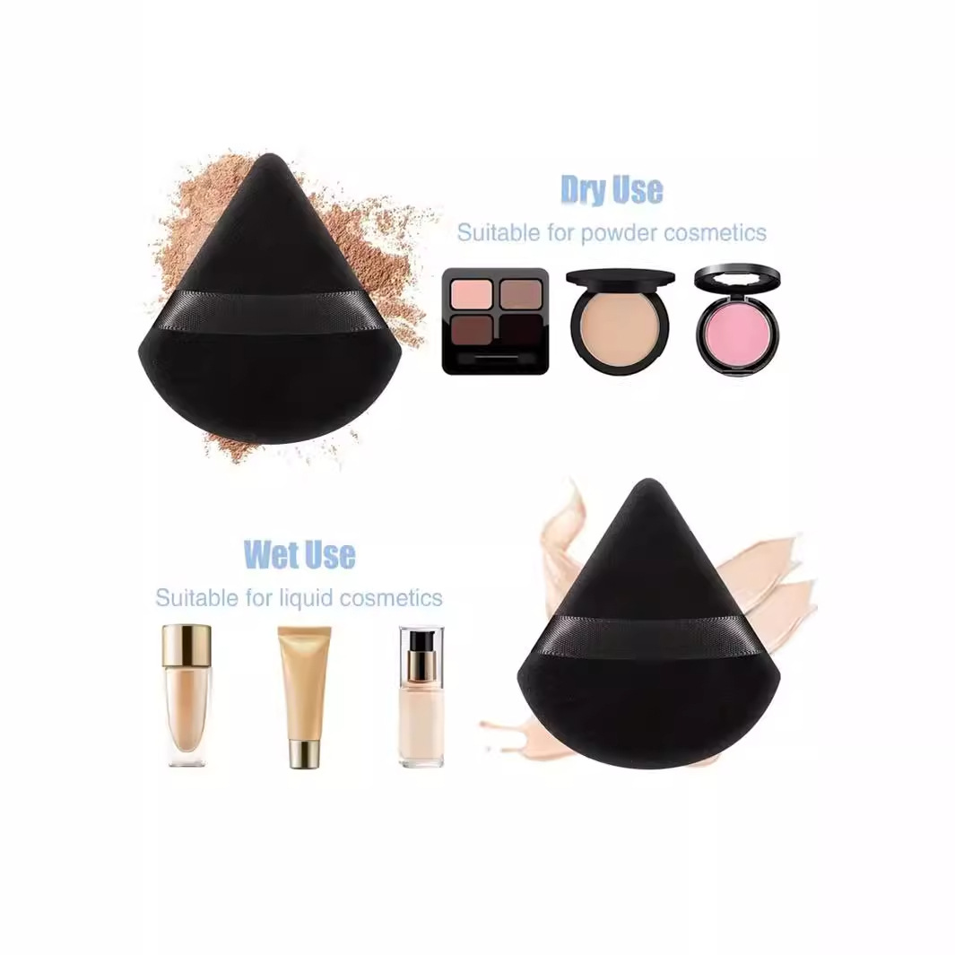 Wholesale in stock of multi-color mixed triangular setting cushion powder puffs, super soft flocked cotton finger loose powder puffs at special prices details Picture