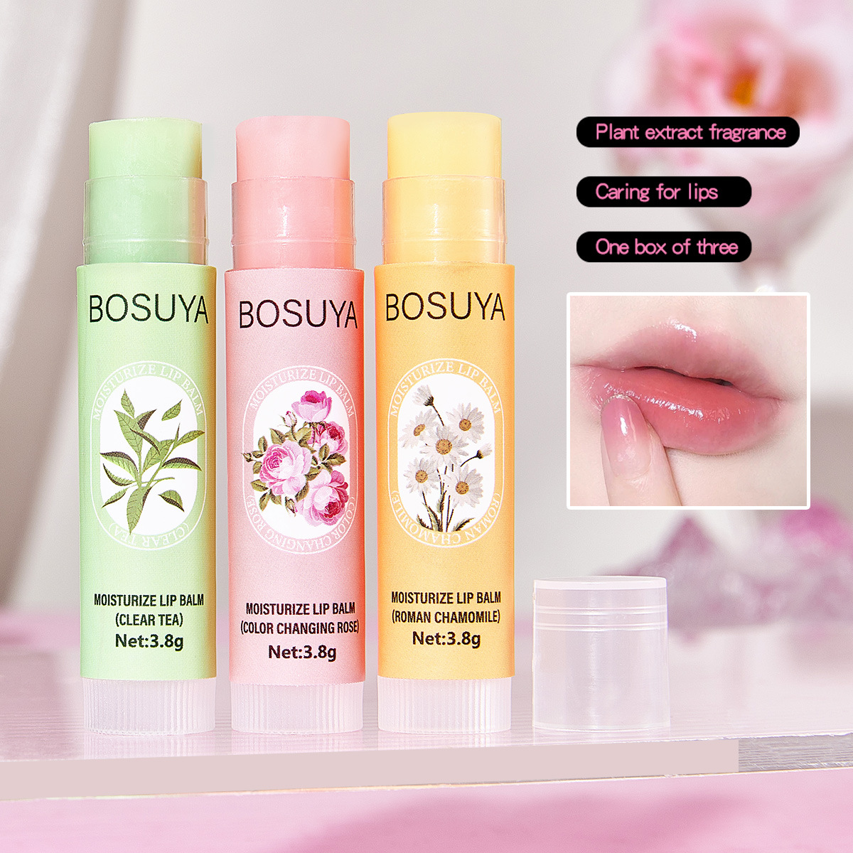 【 Cross-border Exclusive 】 Bosuya 3-Tube Lip Balm and Plant Extract Lip Balm Moisturizing and Light Lip Care wholesale Specification drawing