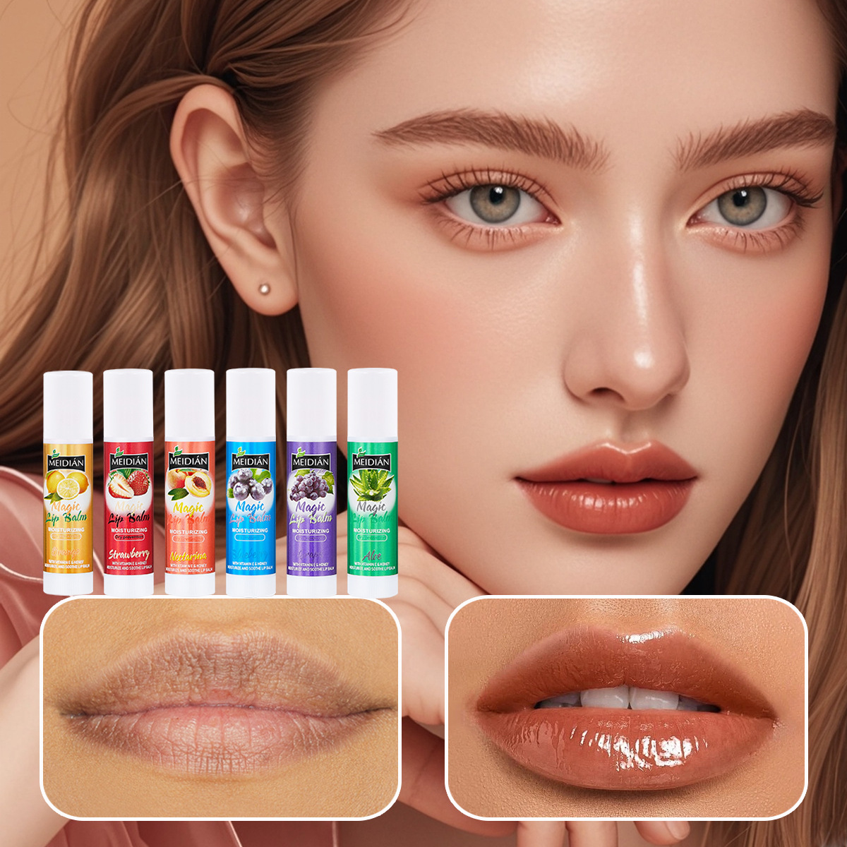 MEIDIAN Cross-border exclusive Supply of best-selling lip balm 6-pack set, fruit-flavored moisturizing Lip balm wholesale factory Application Scenario