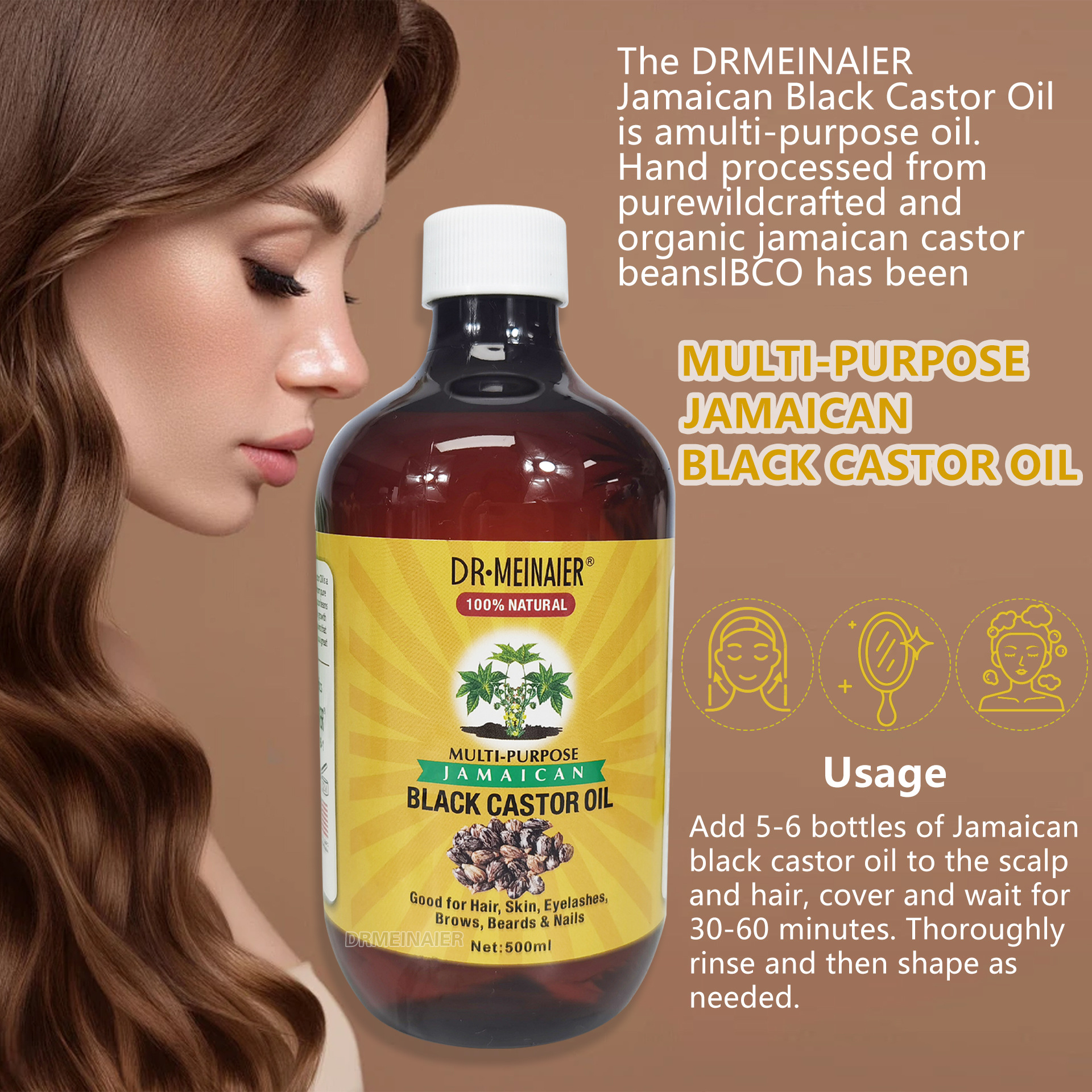 Cross-border exclusive supply of castor oil essential oil for facial, body, hair care, moisturizing and massage oil, natural plant oil for export 500ml Specification drawing