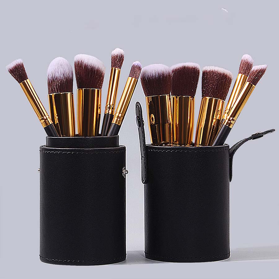 Beginner's 10-piece makeup brush set, wooden handle blush brush, eyeshadow brush, loose powder brush, portable PU makeup storage bucket details Picture