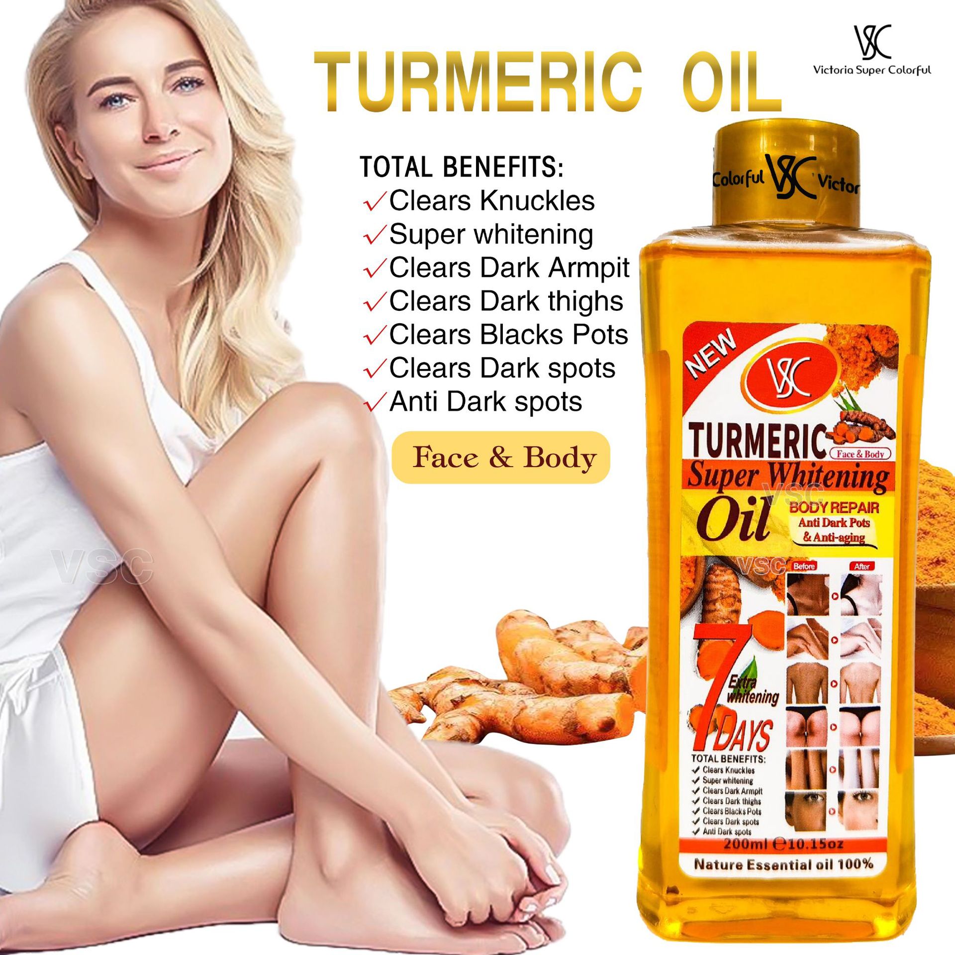 7-day Foreign trade Repair and Brightening VC Essential Oil Moisturizing and Unblocking Meridians Turmeric Essential Oil Full-body Massage Almond Massage Oil 200ml Application Scenario