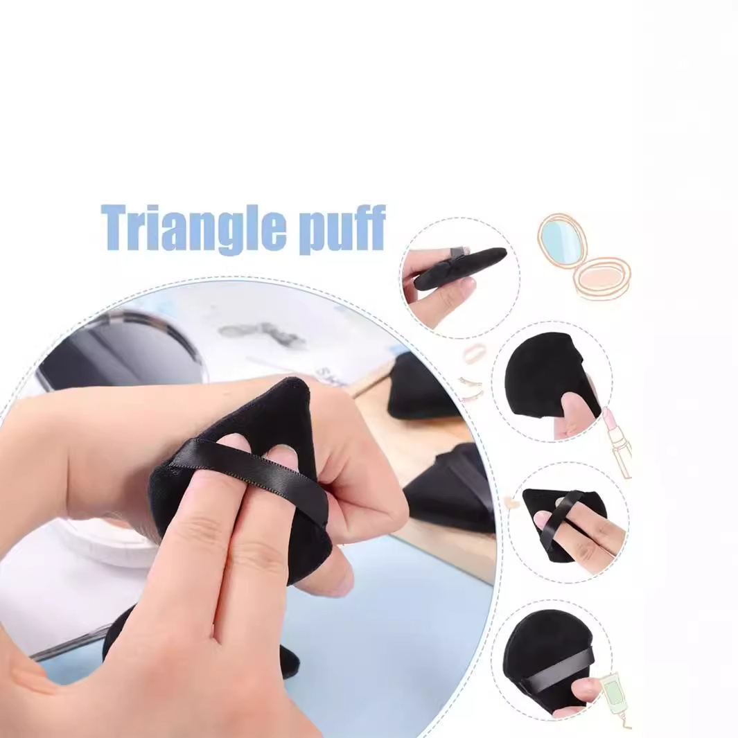 Wholesale in stock of multi-color mixed triangular setting cushion powder puffs, super soft flocked cotton finger loose powder puffs at special prices Specification drawing