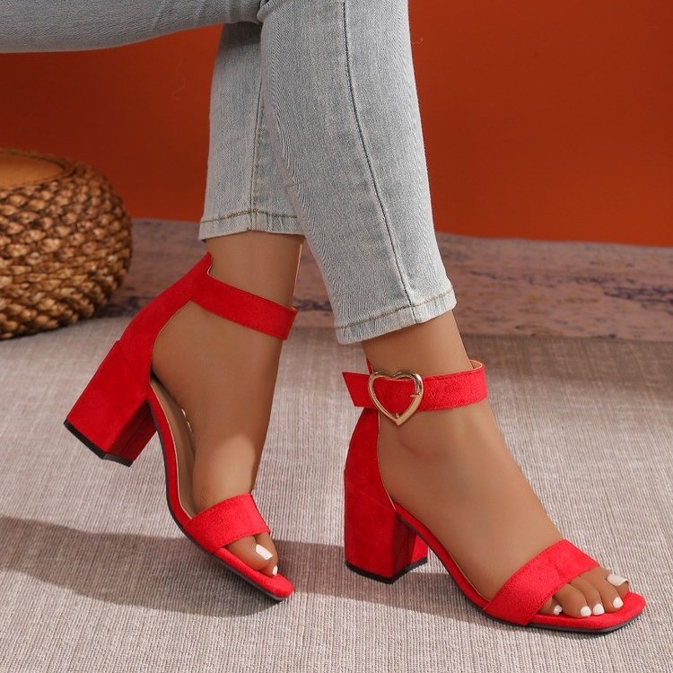 The new high-heeled women's shoes for the summer of 2025, with thick heels, exposed toes, suede, sexy one-shoulder buckle women's sandals and Roman shoe trend details Picture