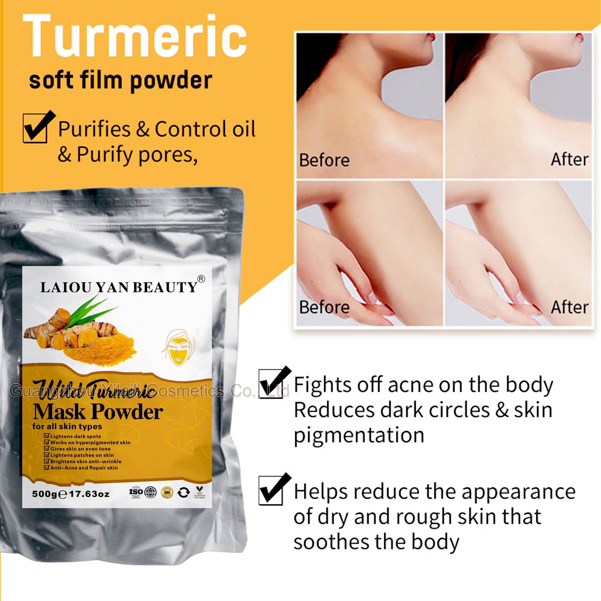 Cross-border turmeric Brightening and Moisturizing Mask Powder, hydrating, moisturizing and nourishing skin care soft mask powder, bagged factory direct sales wholesale Specification drawing