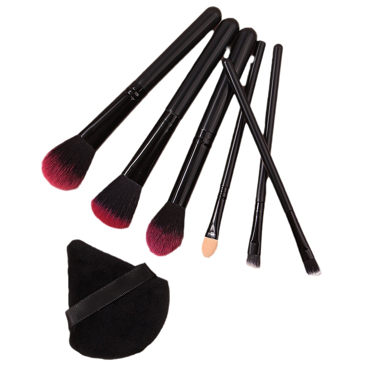 Beginner's 6-piece set: eyeshadow brush, angled eyebrow brush, highlighter blush brush, sponge setting powder puff, complete makeup brushes Item Picture