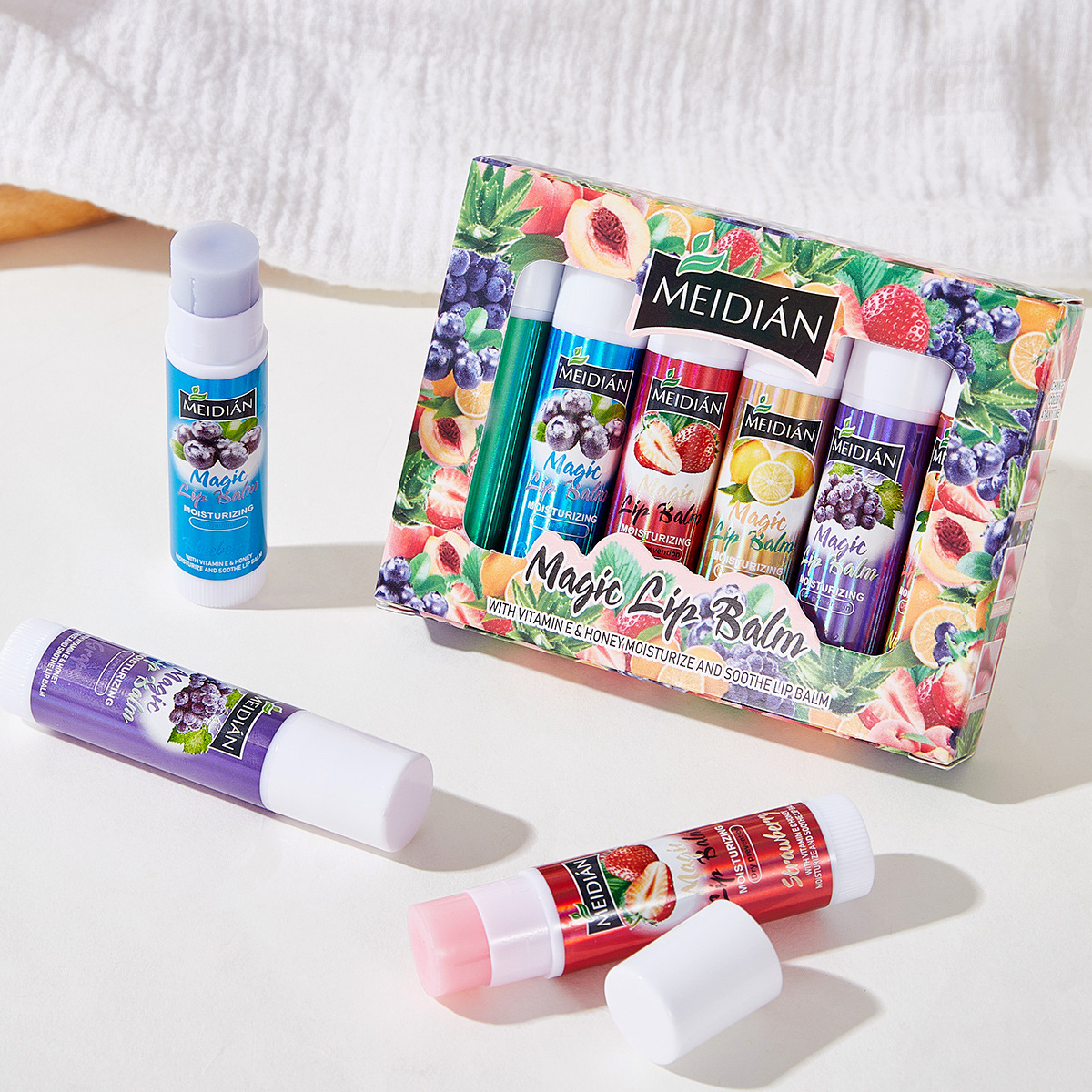 MEIDIAN Cross-border exclusive Supply of best-selling lip balm 6-pack set, fruit-flavored moisturizing Lip balm wholesale factory full figure
