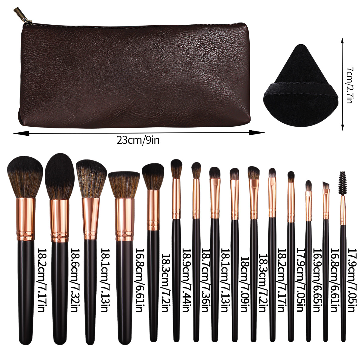 15 makeup brushes set, dark brown leather makeup bag, triangular powder puff, high-end beauty tools in full stock Application Scenario