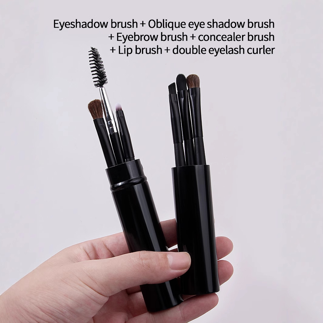 Portable aluminum tube eyeshadow brush set, complete makeup tool bucket, brush, lip brush, nose shadow, shading brush, small horsehair makeup brush details Picture