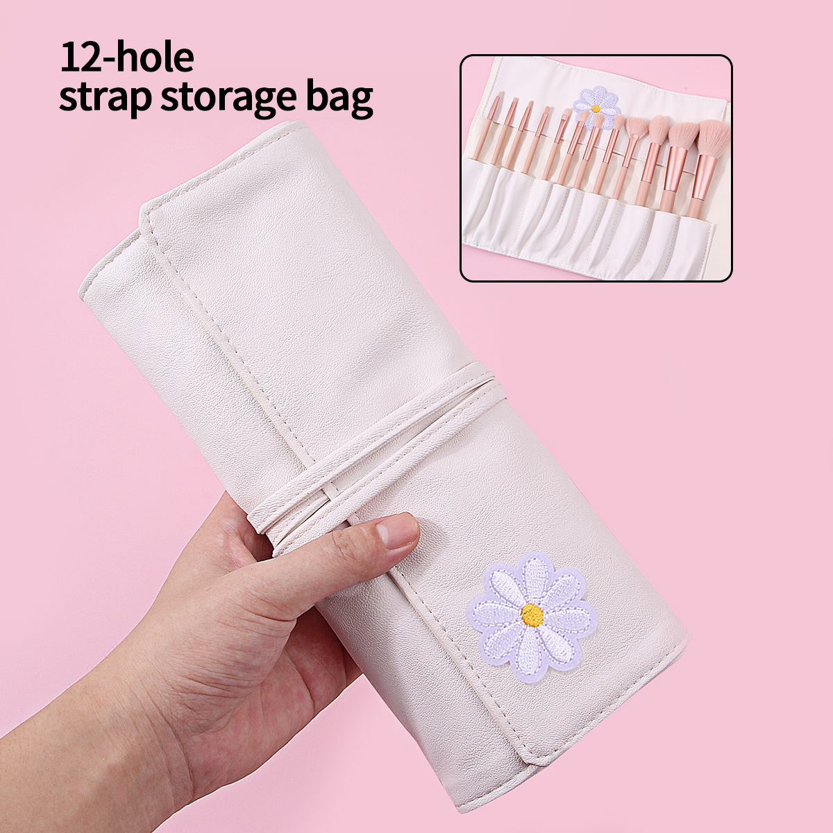 High-quality 12-hole makeup brush bag made of PU leather, high-end beige black portable makeup brush storage bag with strap details Picture
