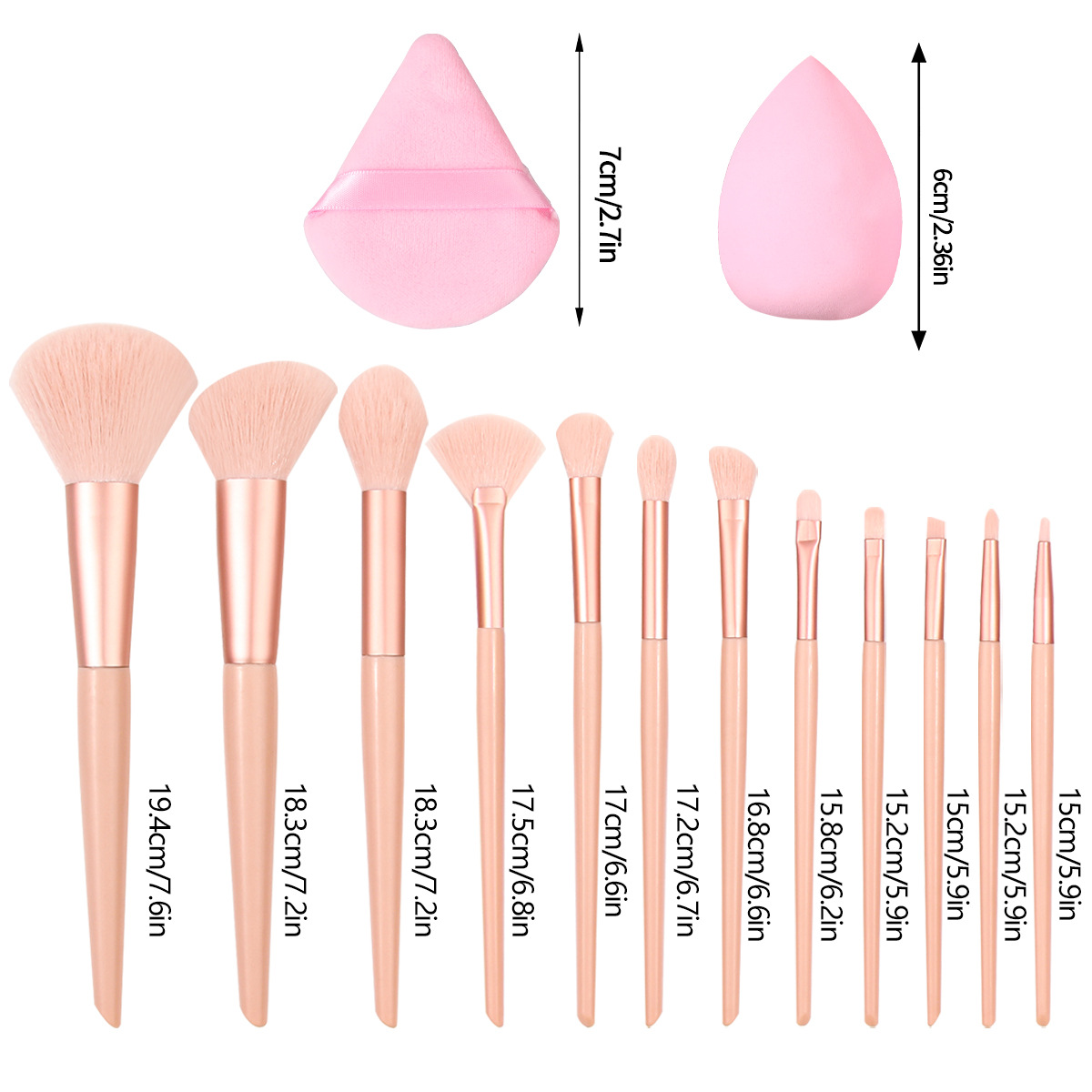 Portable 12-tube pink makeup brush set, dry and wet dual-purpose, powder-free triangular powder puff sponge beauty egg set Item Picture